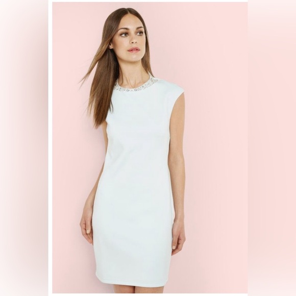 Ted Baker Elegant Mint Green Dress with Embellished Neckline - Picture 1 of 7